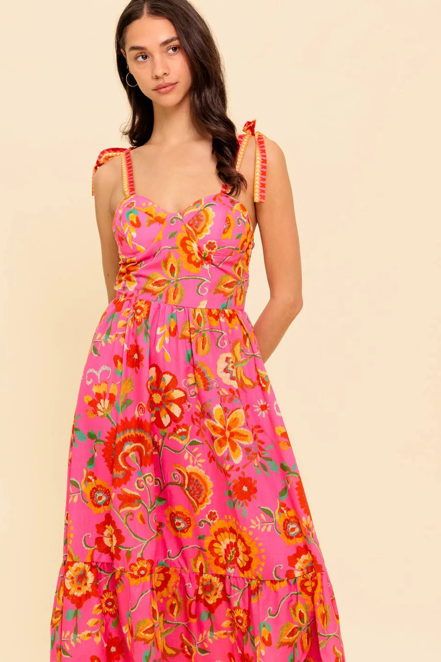 GARDEN GATHERING PINK WOVEN MIDI DRESS