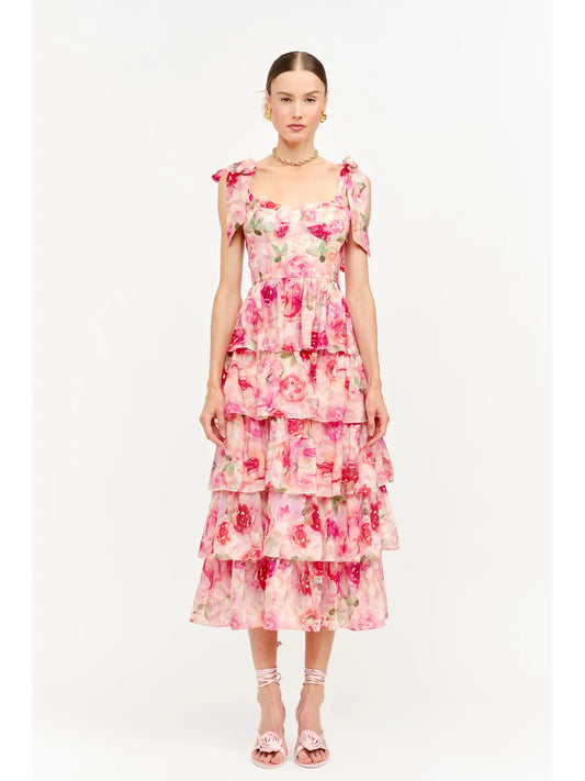 model wearing floral dress