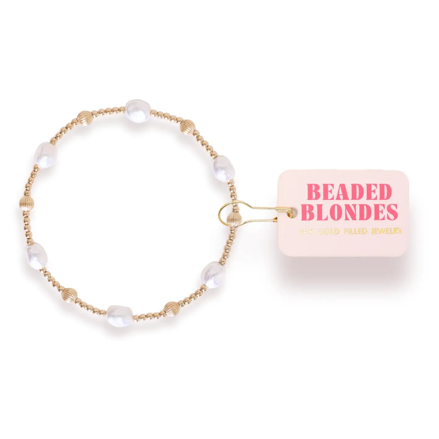 Beaded Blondes gold and pearl beaded bracelet on a white background