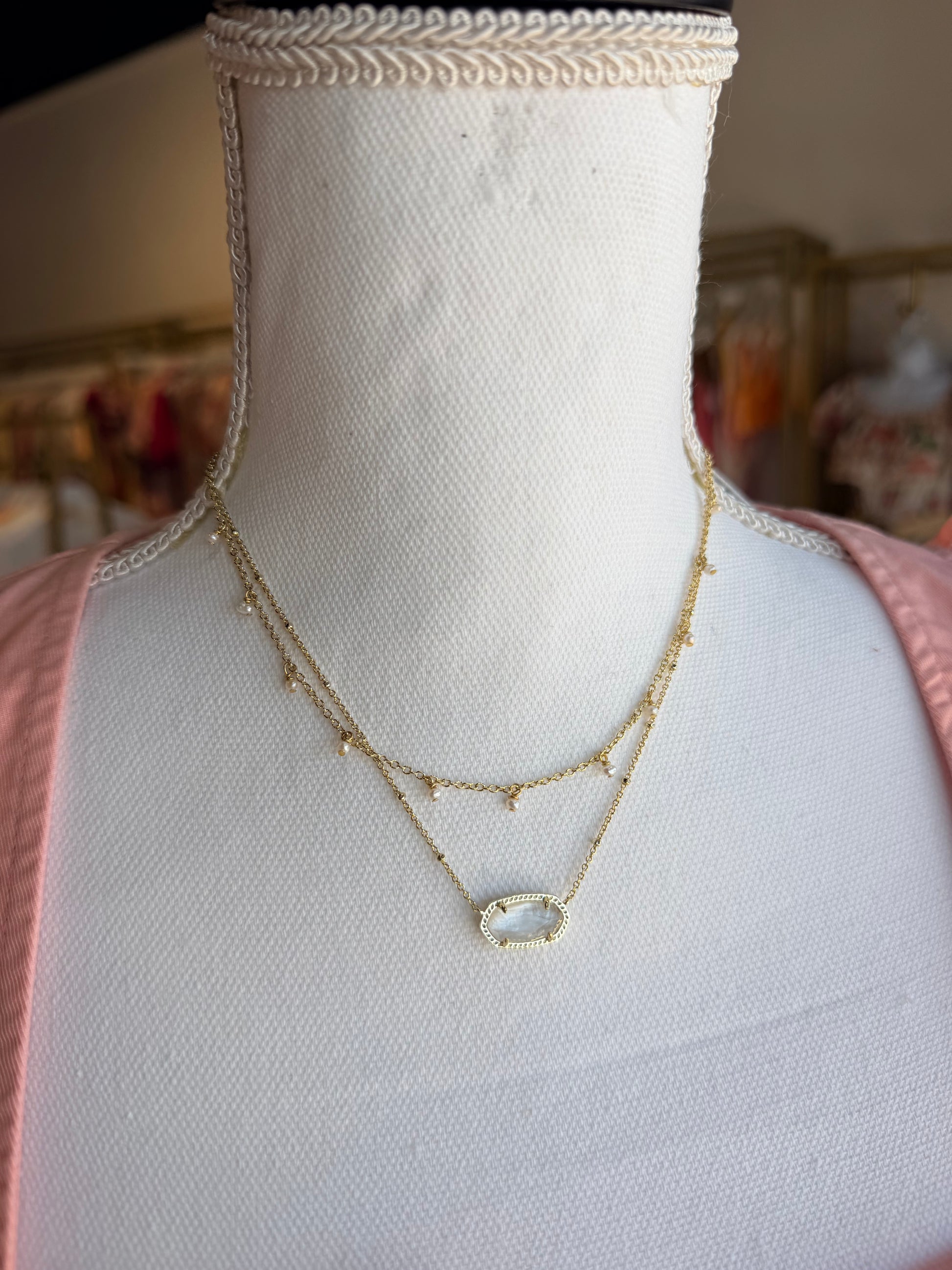 Kendra Scott, gold necklace, multi strand featuring Pearl Stone