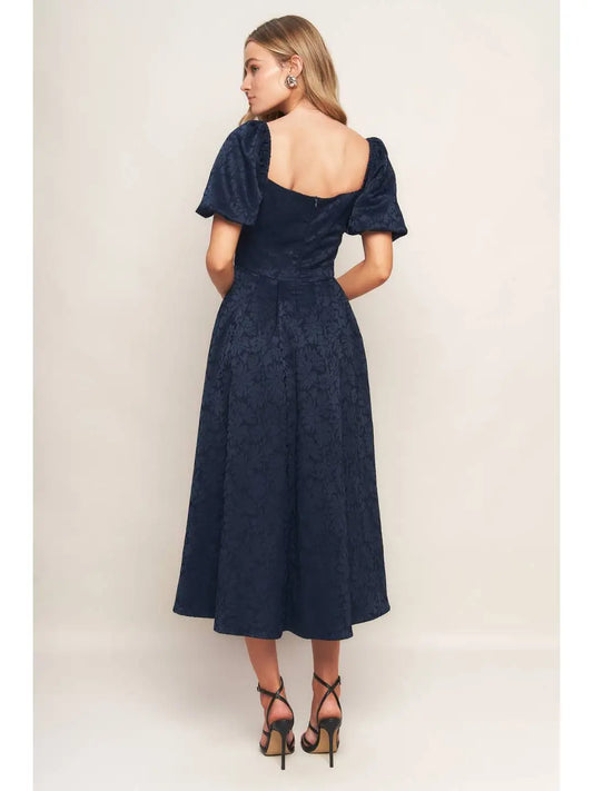 BOUTIQUE JACQUARD WOVEN MIDI DRESS NAVY BACK