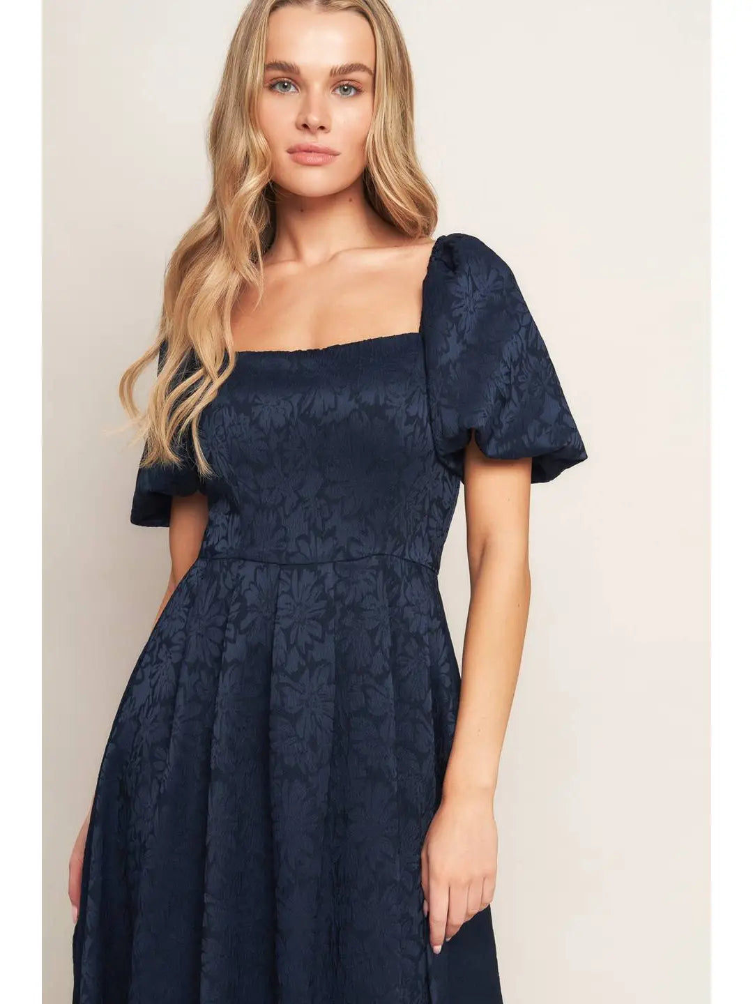 BOUTIQUE JACQUARD WOVEN MIDI DRESS NAVY FRONT