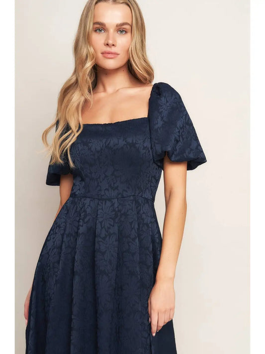 BOUTIQUE JACQUARD WOVEN MIDI DRESS NAVY FRONT