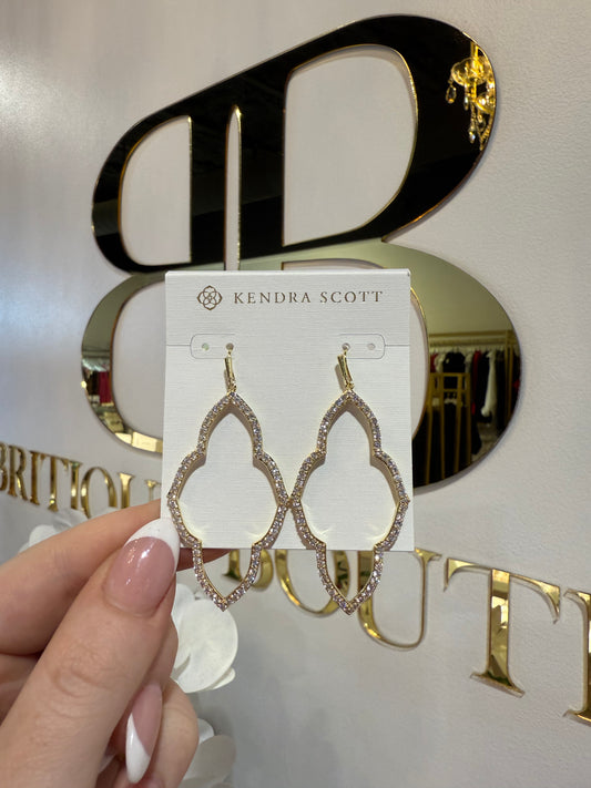 BOUTIQUE KENDRA SCOTT ABBIE GOLD OPEN FRAME EARRINGS IN WHITE CRYSTAL IN HAND