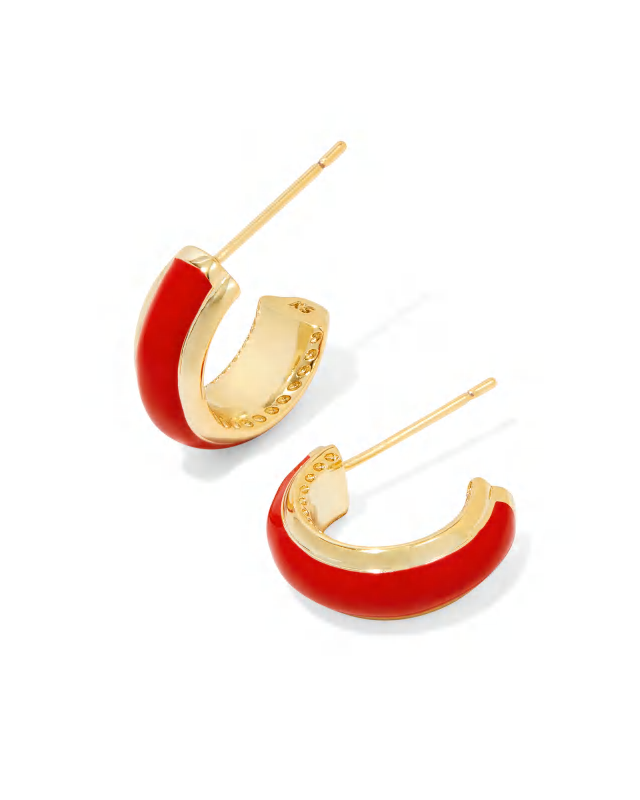 BOUTIQUE KENDRA SCOTT AINSLEY GOLD HUGGIE EARRINGS RED ENAMEL