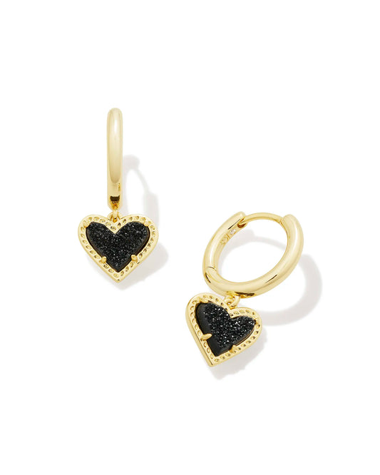 BOUTIQUE KENDRA SCOTT ARI HEART GOLD HUGGIE EARRINGS BLACK DRUSY