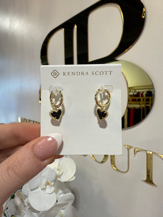BOUTIQUE KENDRA SCOTT ARI HEART GOLD HUGGIE EARRINGS BLACK DRUSY IN HAND