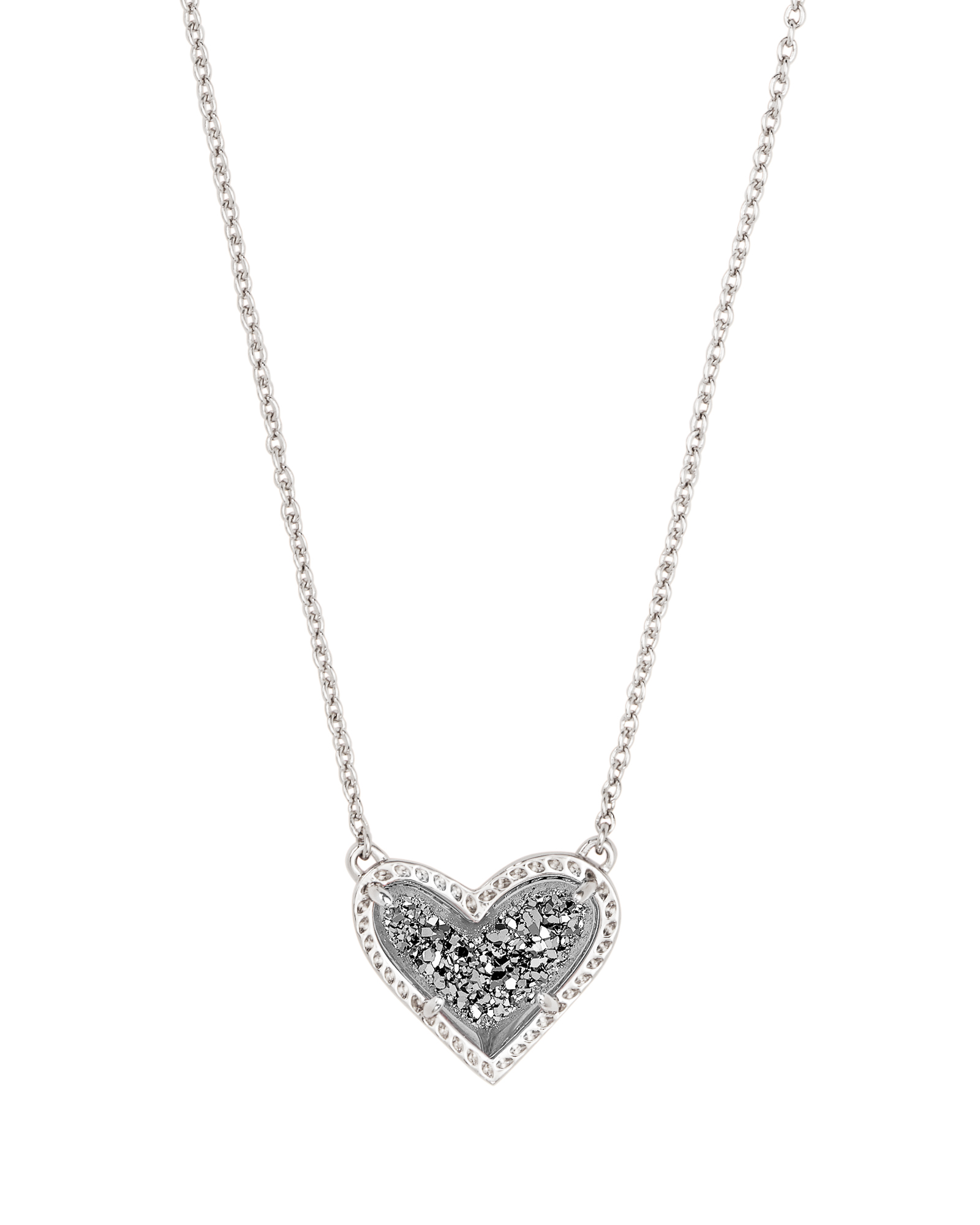 BOUTIQUE KENDRA SCOTT ARI SILVER HEART SHORT PENDANT NECKLACE PLATINUM DRUSY