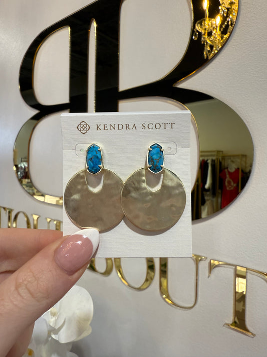  BOUTIQUE KENDRA SCOTT DEENA EARRINGS GOLD BRONZE VEINED TURQUOISE IN HAND
