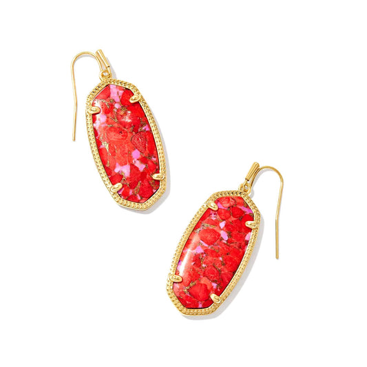 BOUTIQUE KENDRA SCOTT ELLE GOLD DROP EARRINGS BRONZED VEINED RED AND FUCHSIA MAGNESITE