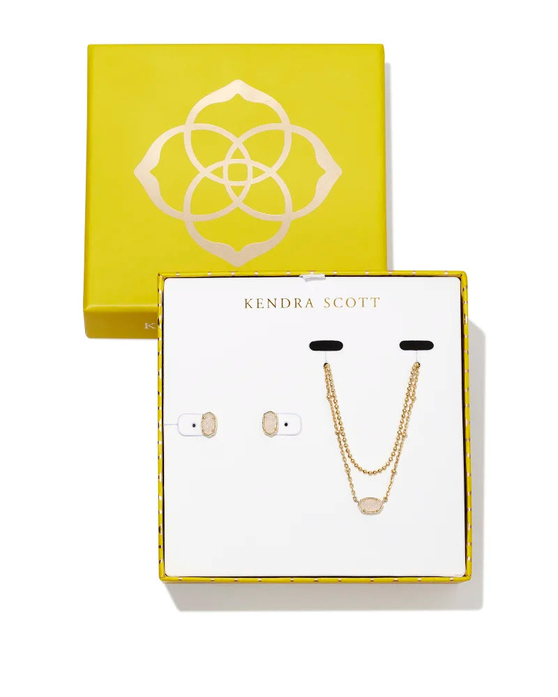 BOUTIQUE KENDRA SCOTT EMILIE MULTI STRAND NECKLACE & STUD GIFT SET GOLD IRIDESCENT DRUSY