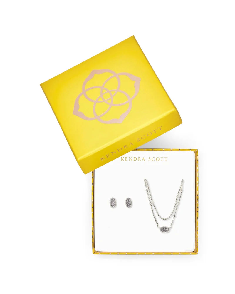 BOUTIQUE KENDRA SCOTT EMILIE MULTI STRAND NECKLACE & STUD GIFT SET SILVER PLATINUM DRUSY