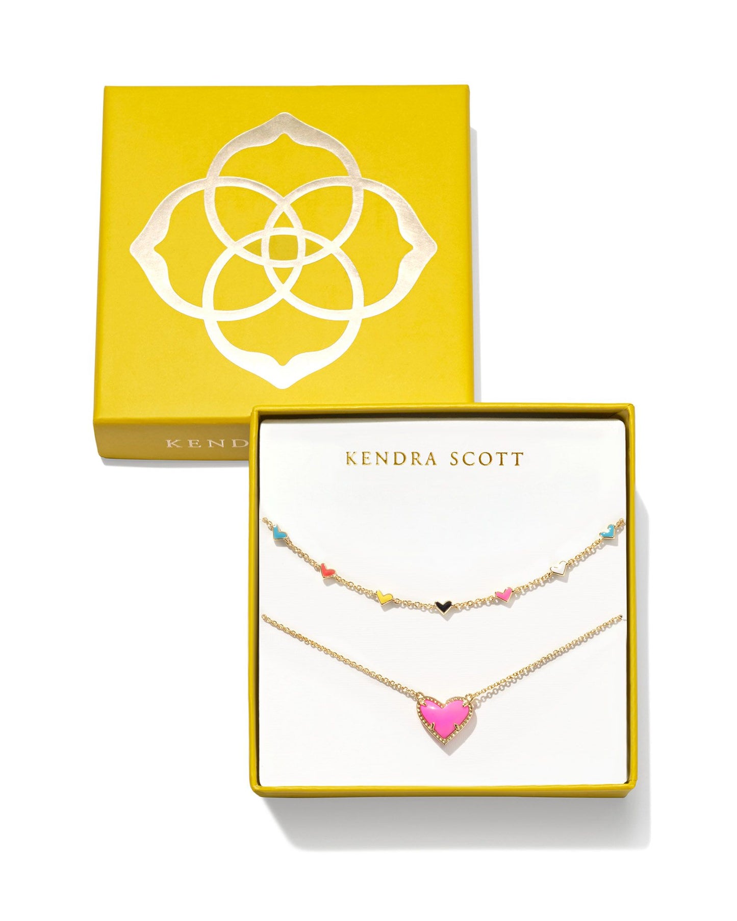 BOUTIQUE KENDRA SCOTT GOLD ARI HAVEN ENAMEL HEART NECKLACE GIFT SET IN NEON PINK MAGNESITE