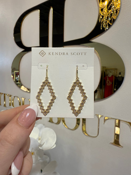 BOUTIQUE KENDRA SCOTT KINSLEY GOLD OPEN FRAME EARRINGS IN WHITE CRYSTAL IN HAND