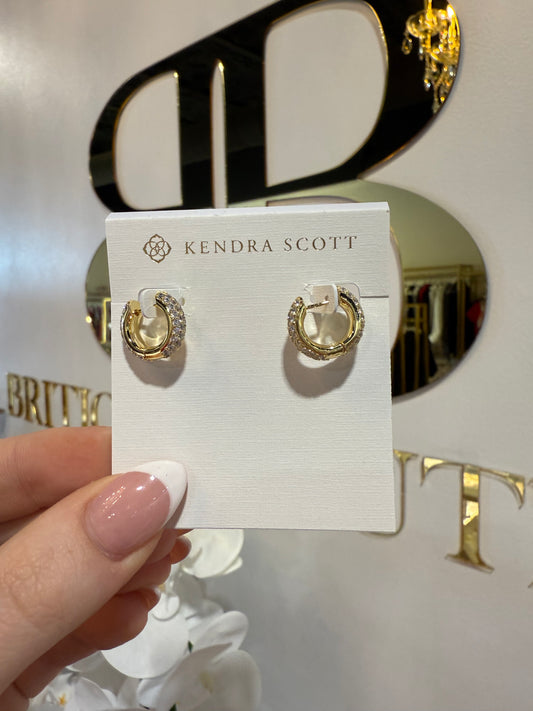 BOUTIQUE KENDRA SCOTT MIKKI GOLD PAVE HUGGIE EARRINGS IN HAND