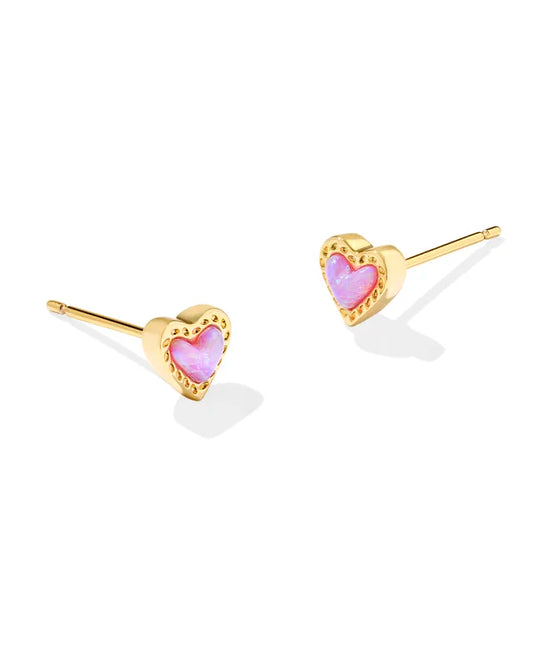 BOUTIQUE KENDRA SCOTT MINI ARI HEART GOLD STUD EARRINGS IN BUBBLEGUM PINK KYOCERA OPAL