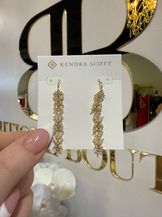 BOUTIQUE KENDRA SCOTT ROSALIE LINEAR EARRINGS GOLD WHITE CRYSTAL IN HAND