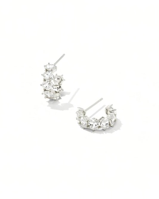 BOUTIQUE KENDRA SCOTT SILVER CAILIN CRYSTAL HUGGIE EARRINGS WHITE CRYSTAL