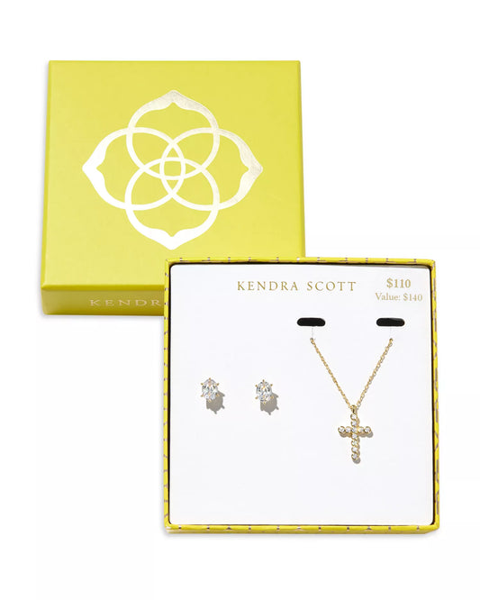 Kendra Scott Cailin Stud Earrings and Crystal Cross Necklace Gift Box Set in Gold