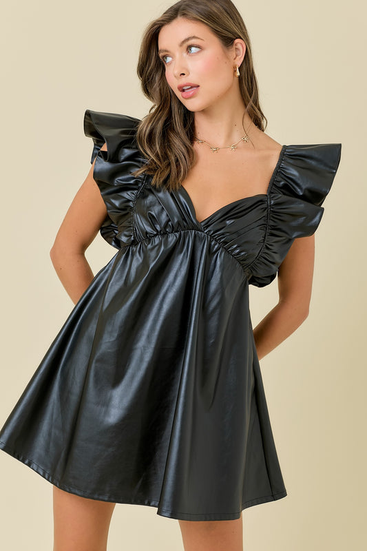 BOUTIQUE LEATHER RUFFLE SLEEVE MINI BLACK FRONT