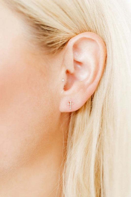 BOUTIQUE LINNY CO DIAMOND CROSS SCREWBACK STUD EARRINGS CLARA IN EAR