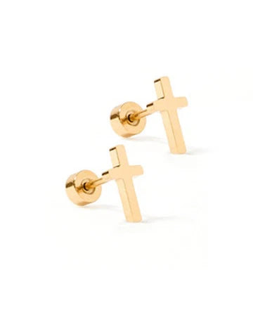 BOUTIQUE LINNY CO GOLD CROSS SCREWBACK STUD EARRINGS CATHEREINE FRONT