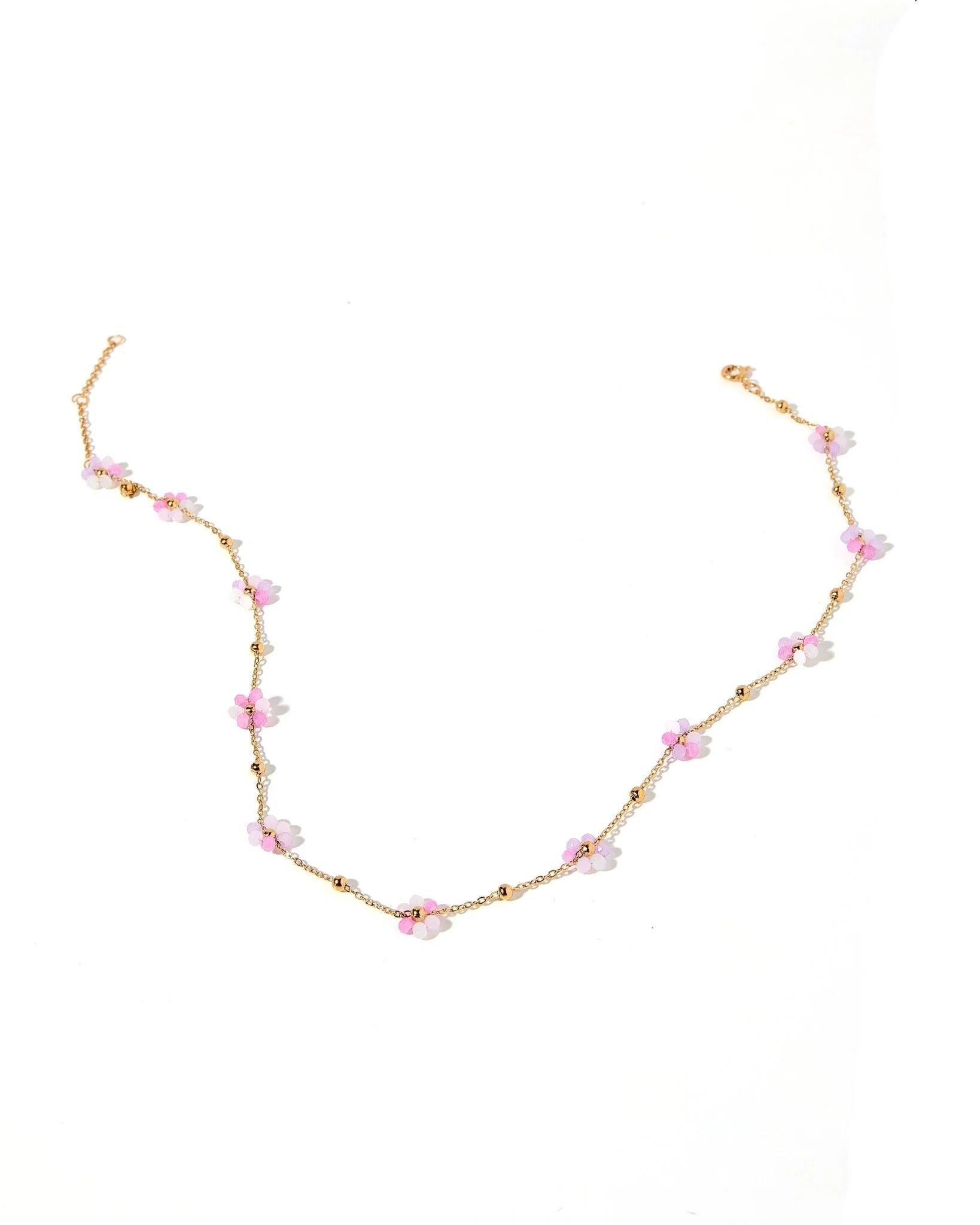 BOUTIQUE LINNY CO GOLD FLOWER PINK PEARL GRACIE NECKLACE FRONT 2