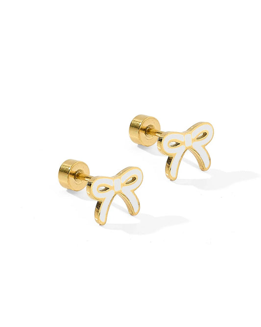 BOUTIQUE LINNY CO SCREWBACK STUD EARRINGS SADIE BOW WHITE 2