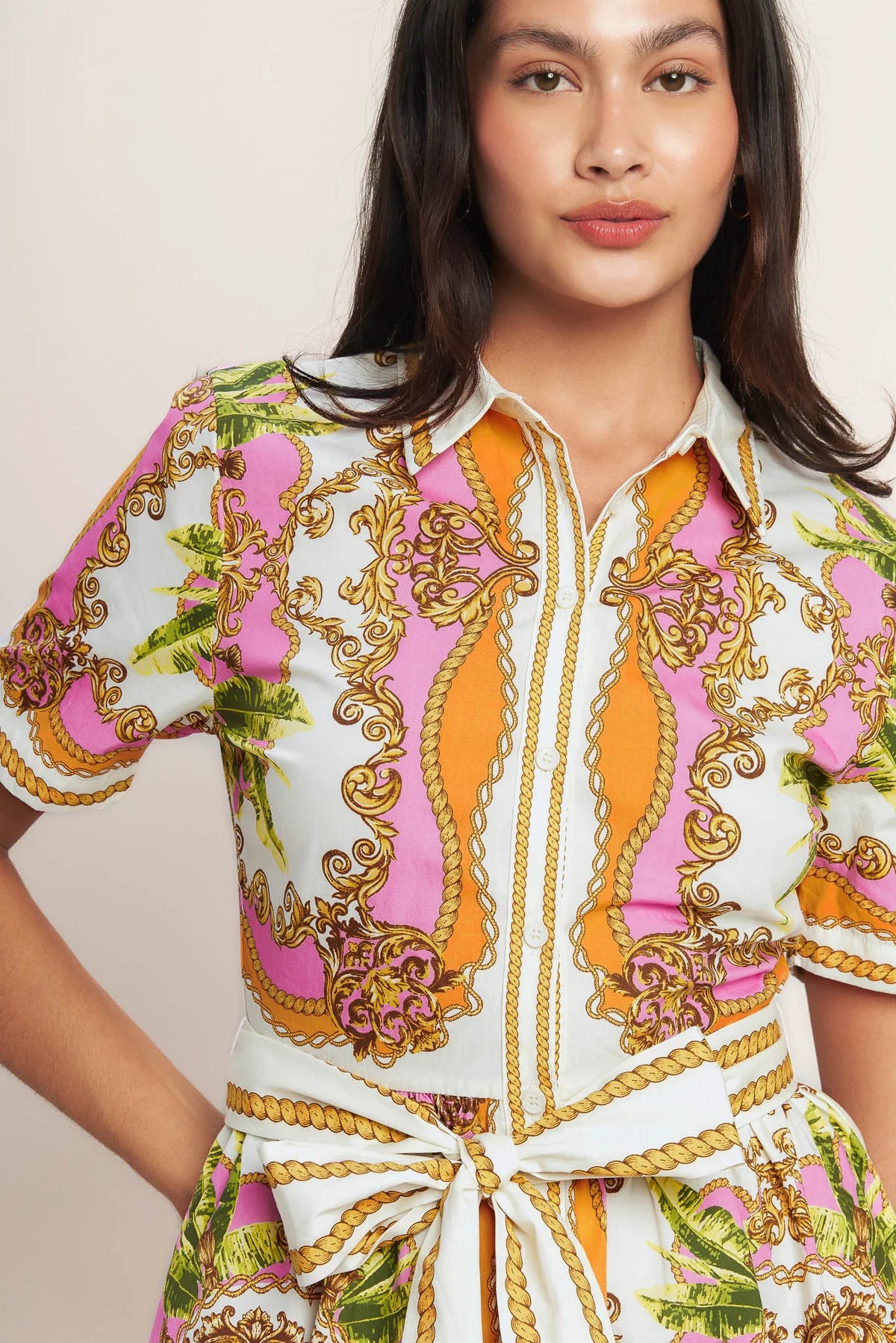 BRITIQUE LOVE AT FIRST SIGHT WOVEN MINI SHIRT DRESS FRONT CLOSE UP