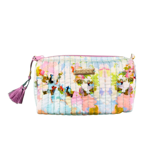 Multicolored Laura Park quilted pouch with floral design on a white background