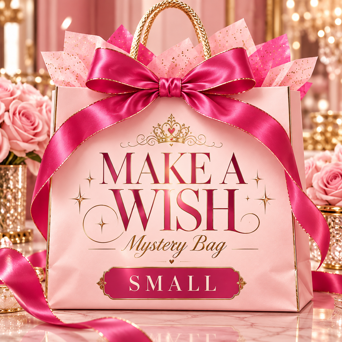 A pink gift bag with a large pink satin bow and gold rope handles, printed with the words 'MAKE A WISH Mystery Bag' and 'SMALL' in gold and dark pink lettering. The bag is decorated with pink tissue paper and sits on a marble-like surface with pink roses and warm bokeh lights in the background.