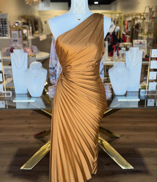 BOUTIQUE OLYMPIA ASYMMETRICAL PLEATED DRESS GOLDEN SAND FRONT ON MODEL