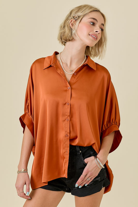 BOUTIQUE OVERSIZED SATIN BUTTON DOWN RUST FRONT 2