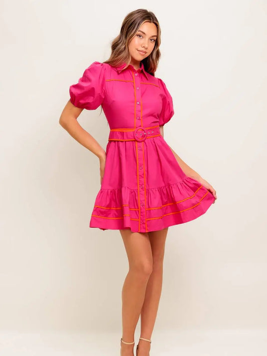 BOUTIQUE PARADISE FOUND WOVEN MINI DRESS FUCHSIA ORANGE FRONT