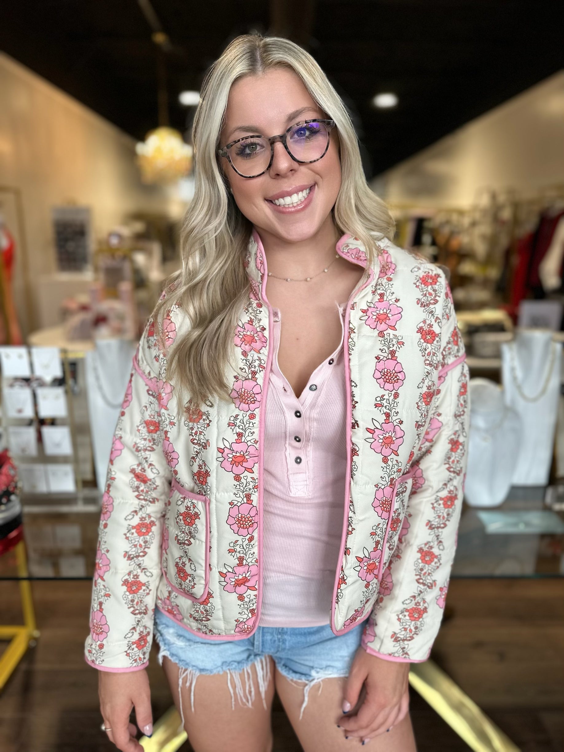 BOUTIQUE QUILTED LOVE JACKET FRONT ON MODEL