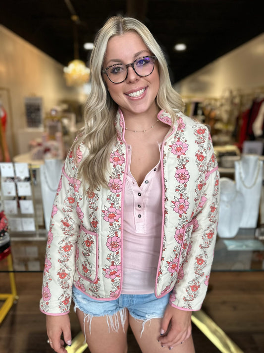 BOUTIQUE QUILTED LOVE JACKET FRONT ON MODEL
