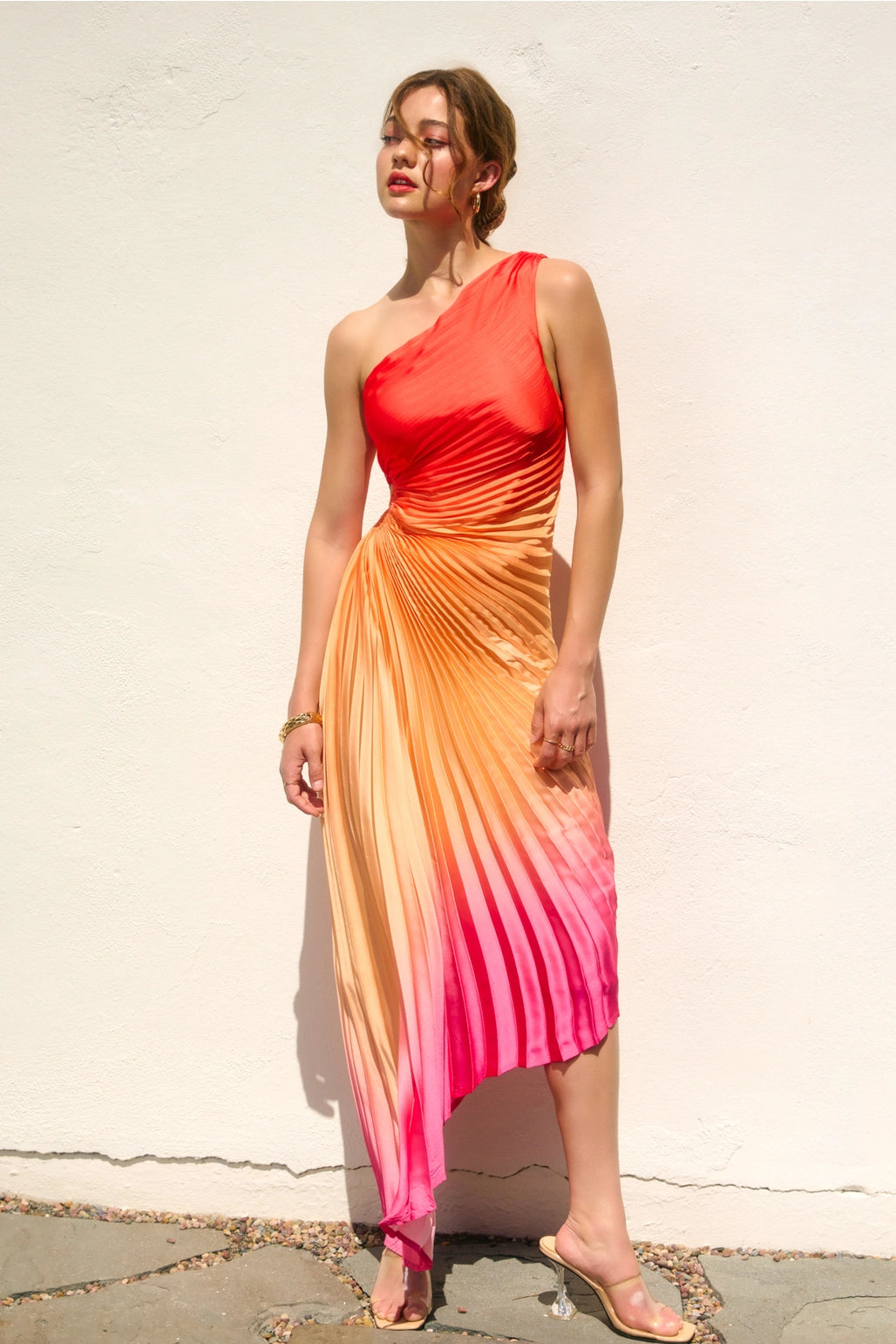 BOUTIQUE RADIANCE OMBRE ASYMMETRICAL PLEATED MAXI DRESS HIBISCUS COMBO FRONT 2