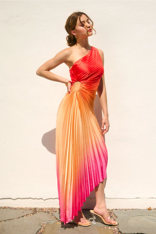 BOUTIQUE RADIANCE OMBRE ASYMMETRICAL PLEATED MAXI DRESS HIBISCUS COMBO SIDE