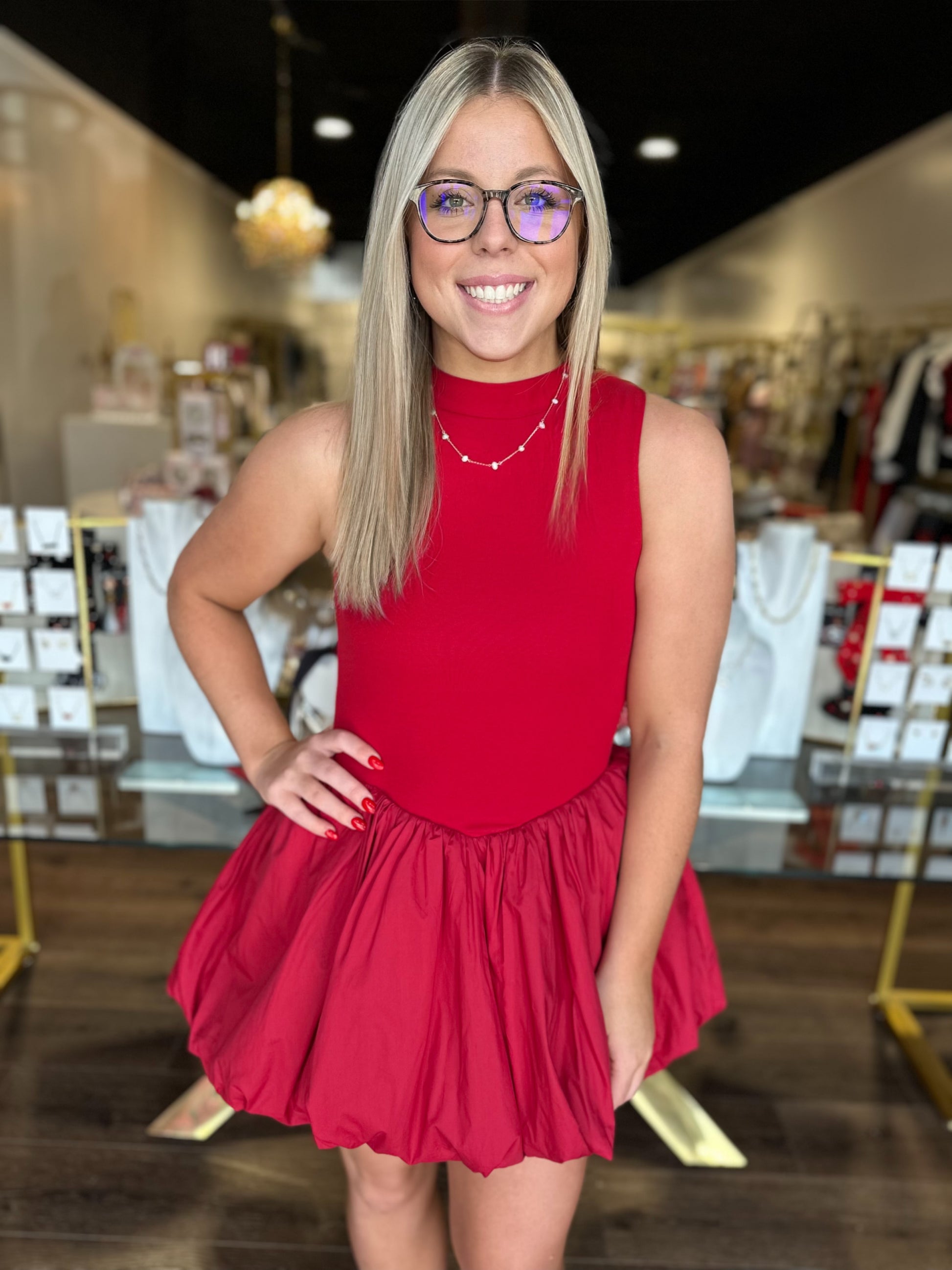 BOUTIQUE RITA MINI DRESS CRIMSON FRONT ON MODEL