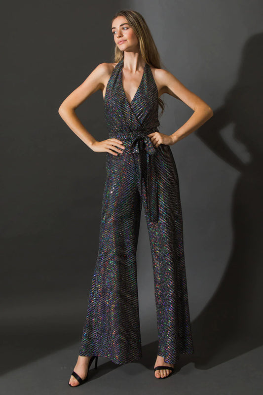 BOUTIQUE SHE'S BACK IN TOWN WOVEN JUMPSUIT BLACK SILVER FRONT