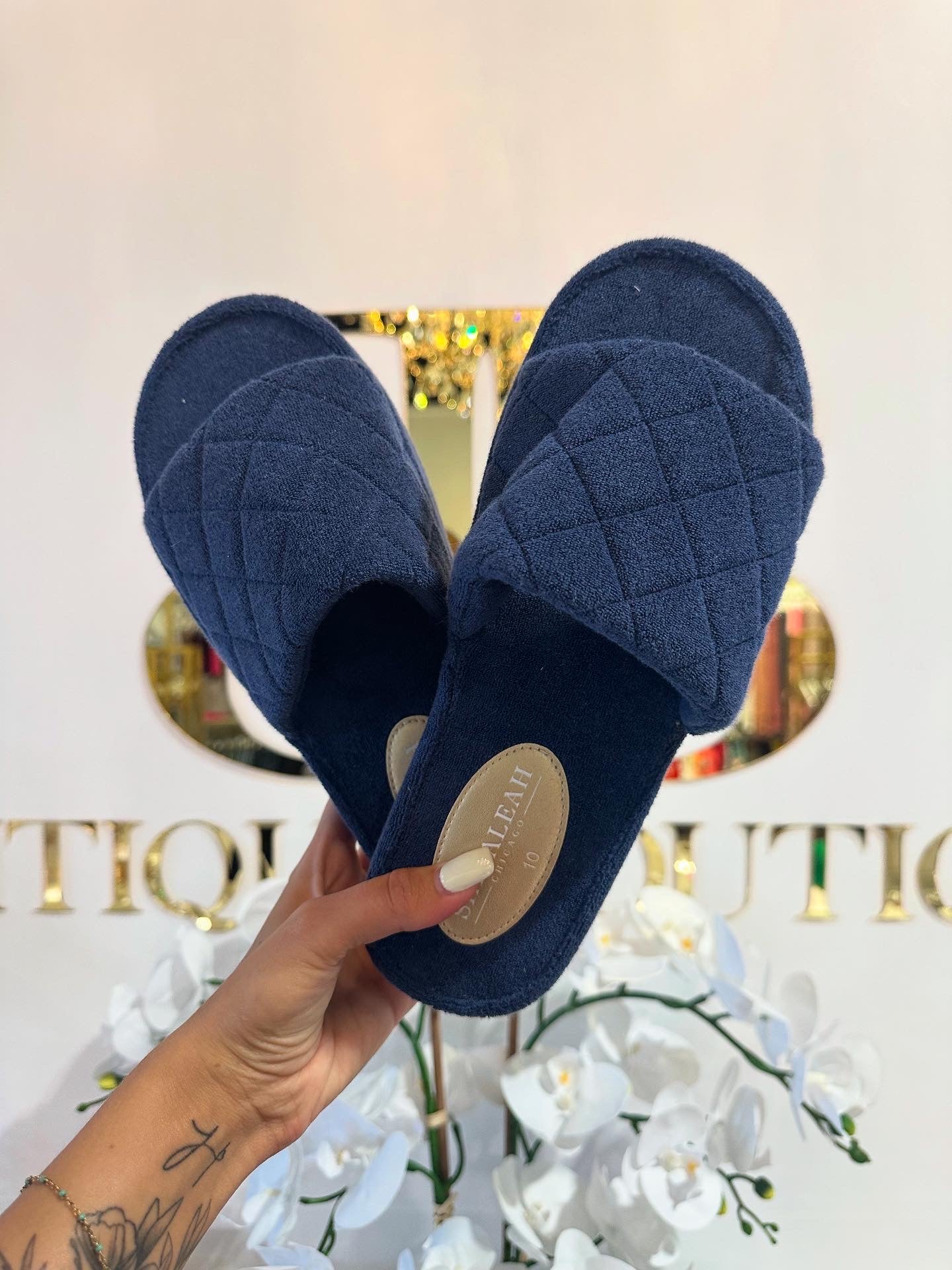 BOUTIQUE SOL TERRY CLOTH POOL SLIDES NAVY BLUE 