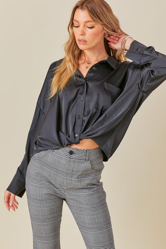 BOUTIQUE SLEEK SATIN BUTTON DOWN TOP BLACK FRONT