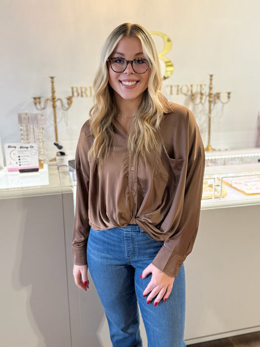 BOUTIQUE SLEEK SATIN BUTTON DOWN TOP MOCHA FRONT ON MODEL
