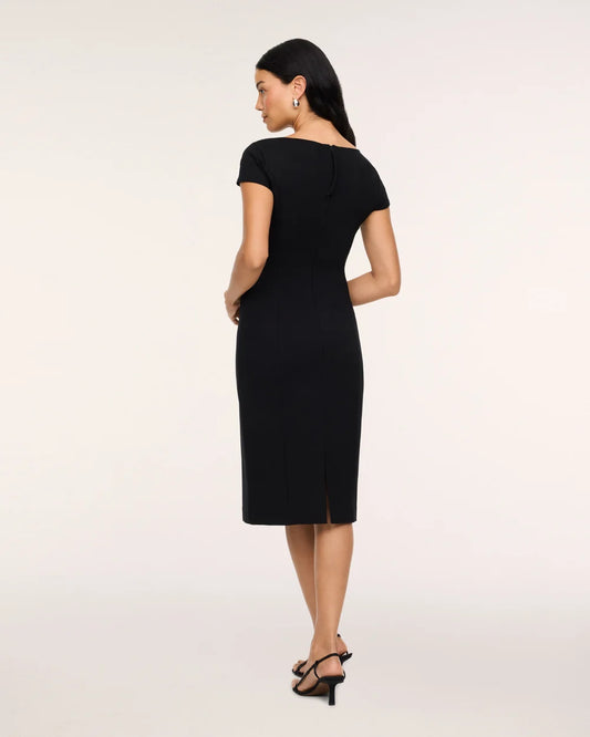 Model showing back of SPANX® Ponte Cap Sleeve Midi Dress in Very Black