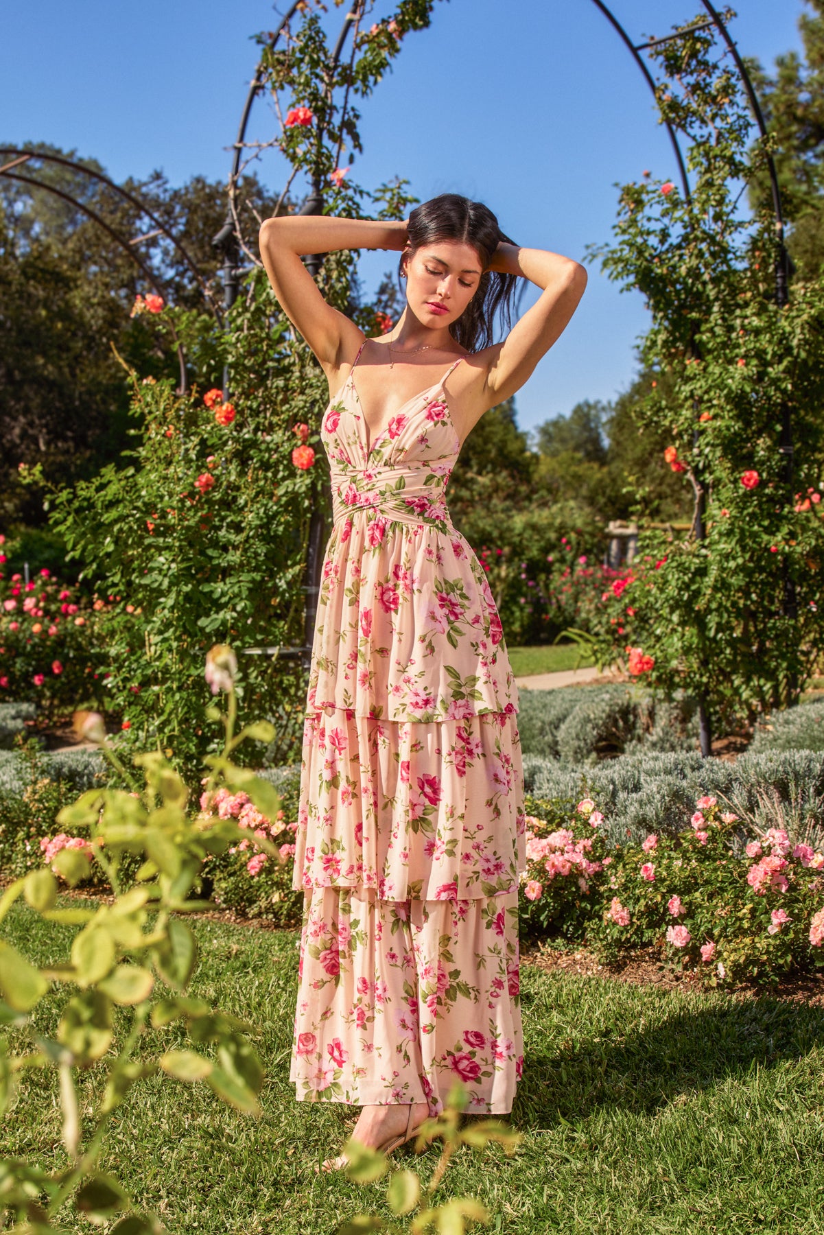frill tiered maxi dress SWEET EMOTION RUCHED RUFFLE TIERED MAXI DRESS Rose Bloom / L