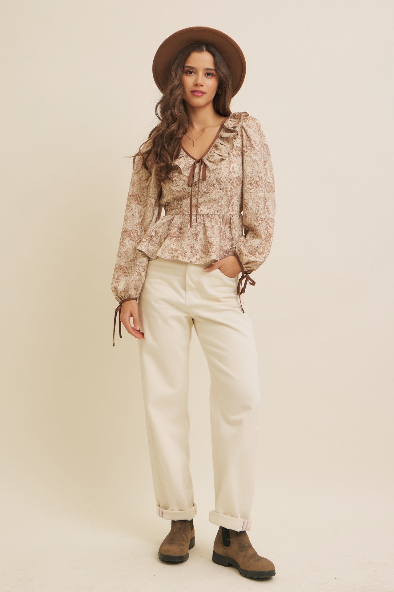 BOUTIQUE TOILE BABYDOLL BLOUSE CHOCOLATE FRONT 3