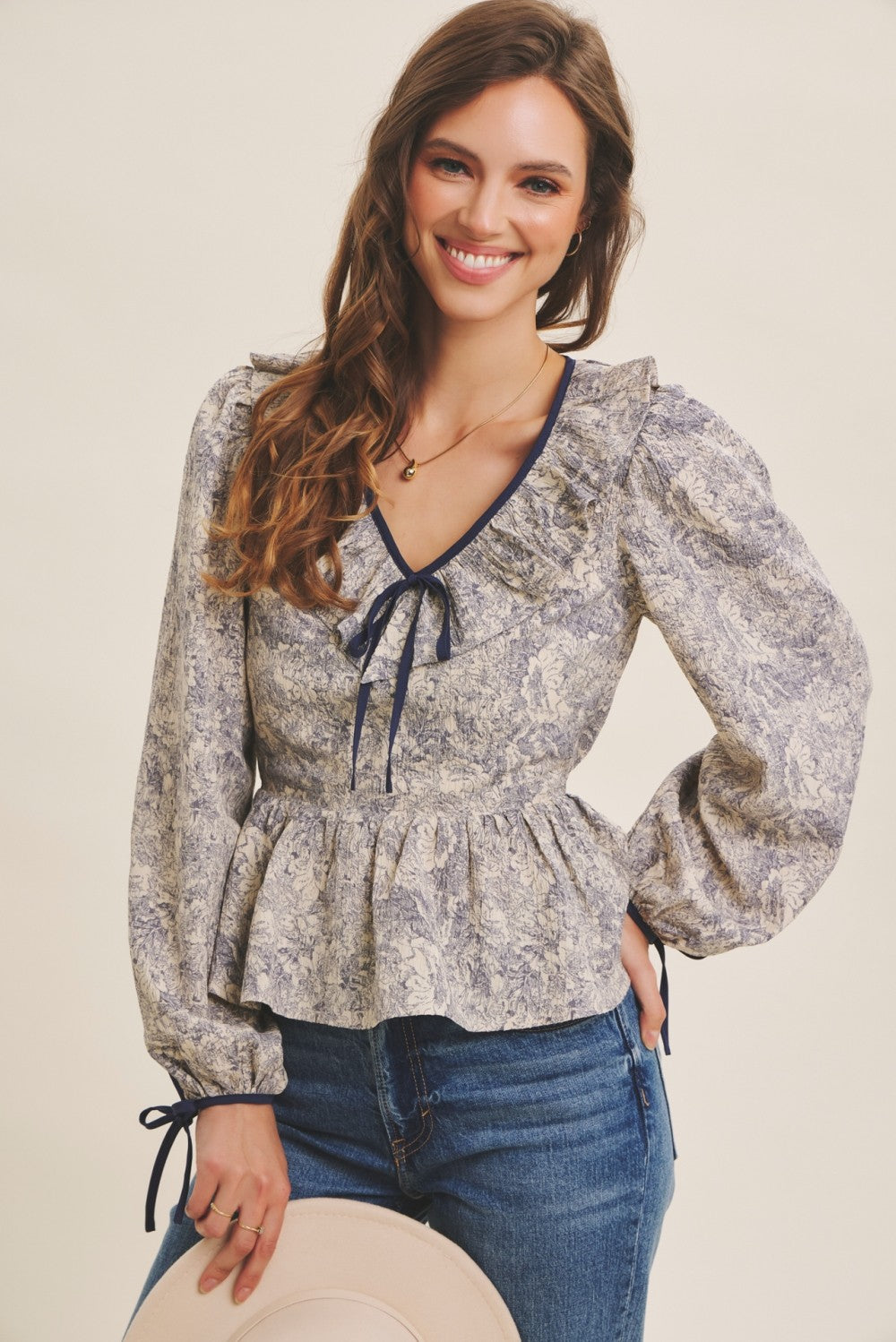 BOUTIQUE TOILE BABYDOLL BLOUSE INDIGO FRONT