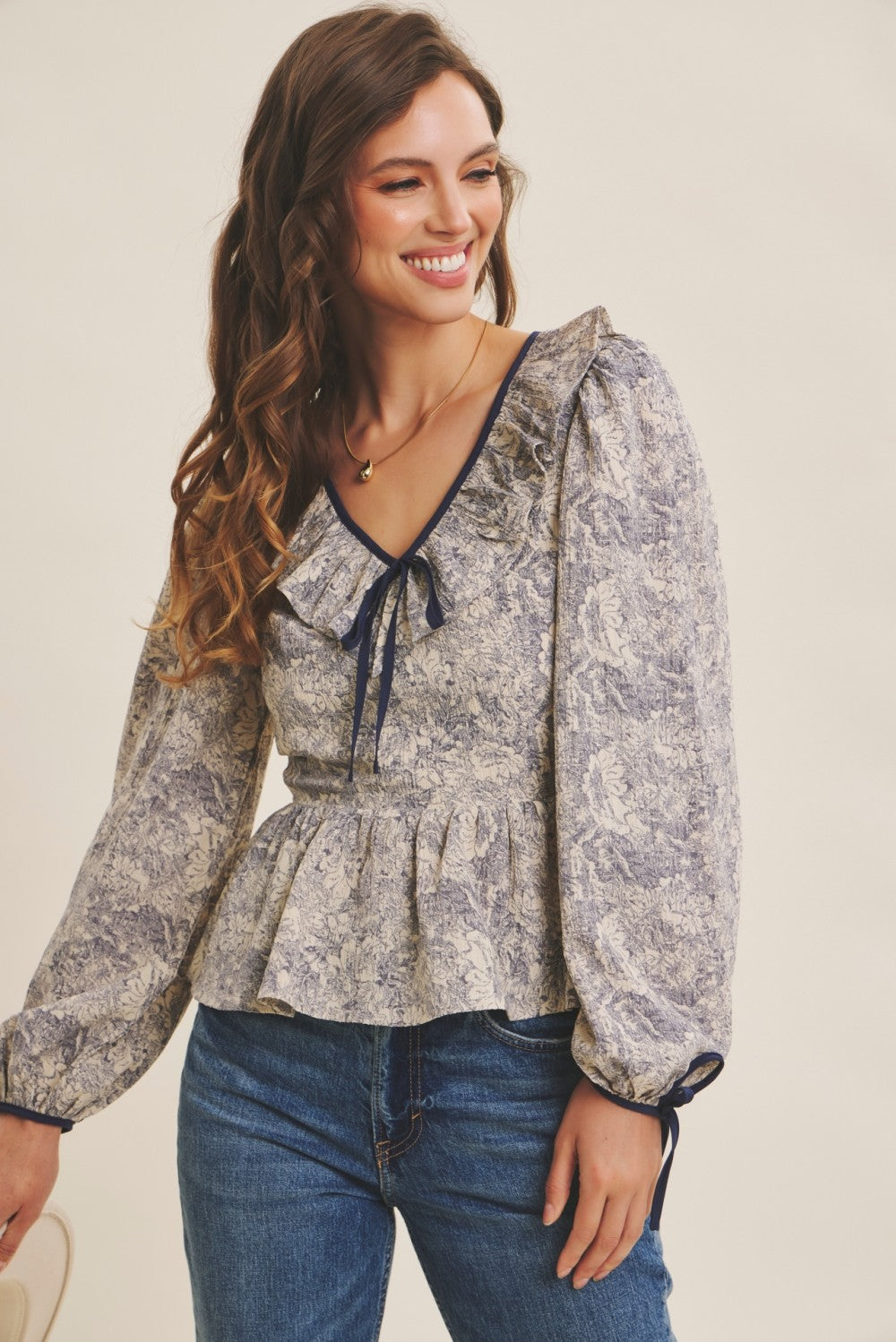 BOUTIQUE TOILE BABYDOLL BLOUSE INDIGO FRONT 2