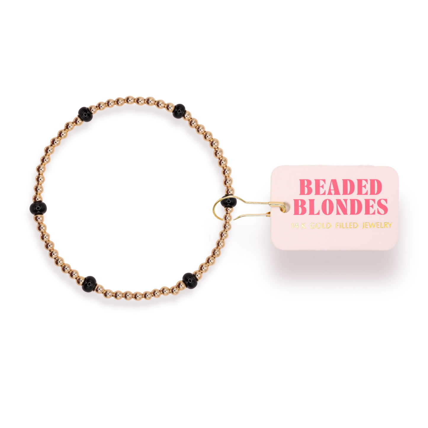 Beaded bracelet with black beads on a white background, featuring the brand 'Beaded Blondes'.