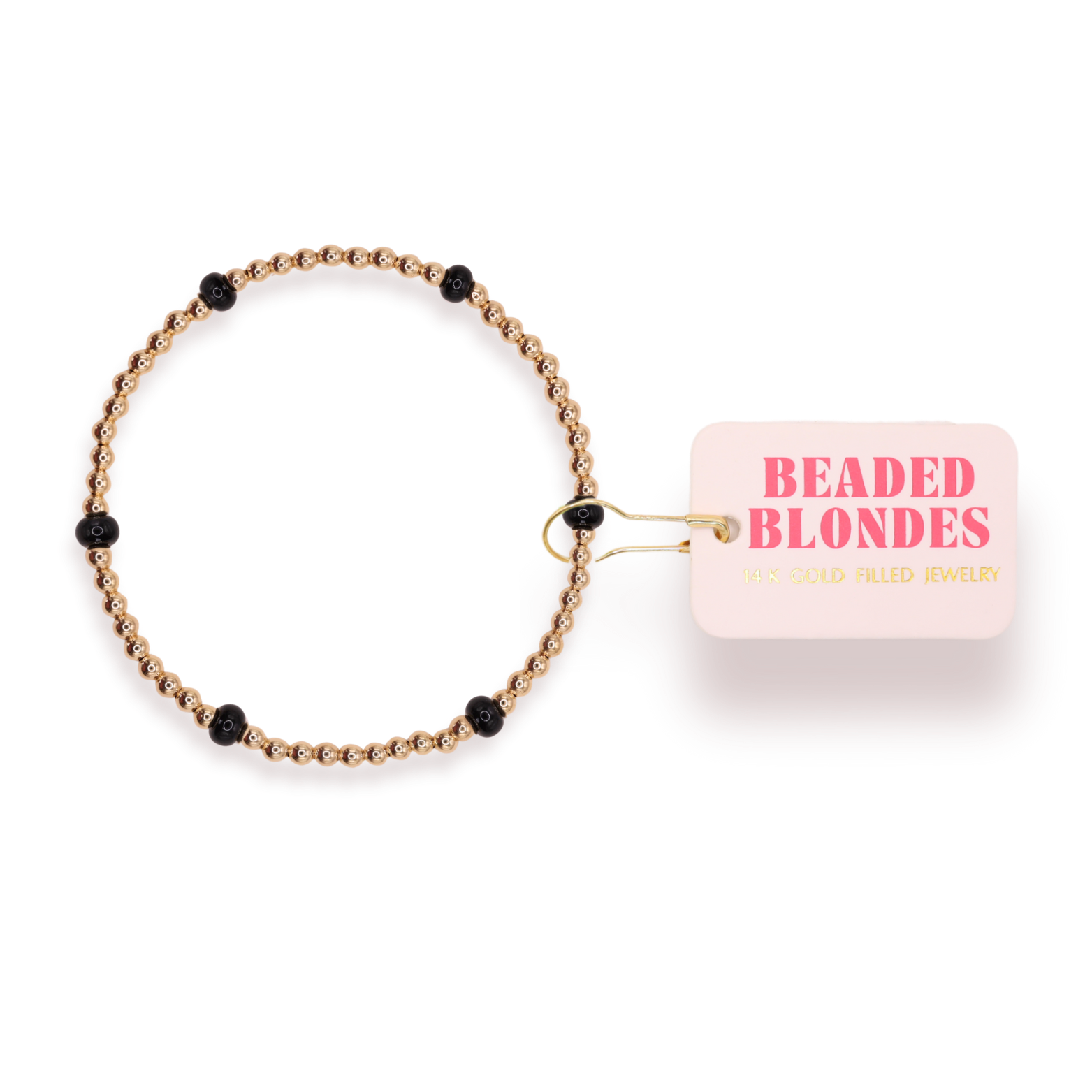 Beaded bracelet with black beads on a white background, featuring the brand 'Beaded Blondes'.